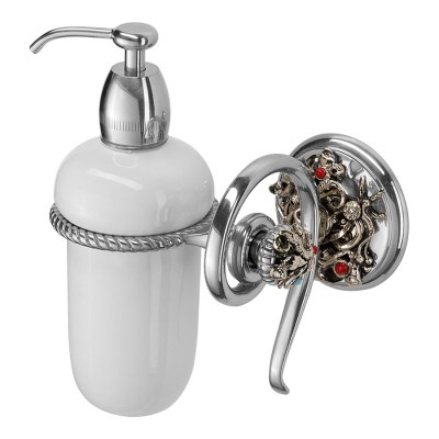 Дозатор для жидкого мыла настенный PV1608/K цвет старое серебро, белая керамика, кристаллы, латунь высота 185 мм 