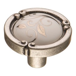 Ручка фарфор кнопка круглая 15.090.35.PO23W.16 античное серебро / белая керамика с рисунком 35 мм