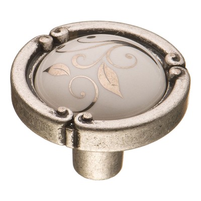 Ручка фарфор кнопка круглая 15.090.35.PO23W.16 античное серебро / белая керамика с рисунком 35 мм
