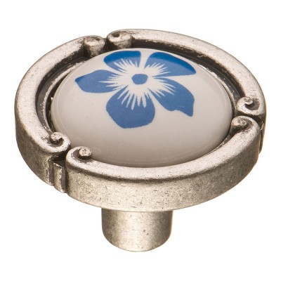 Ручка фарфор кнопка круглая 15.090.35.PO24W.16 античное серебро / белая керамика с рисунком 35 мм