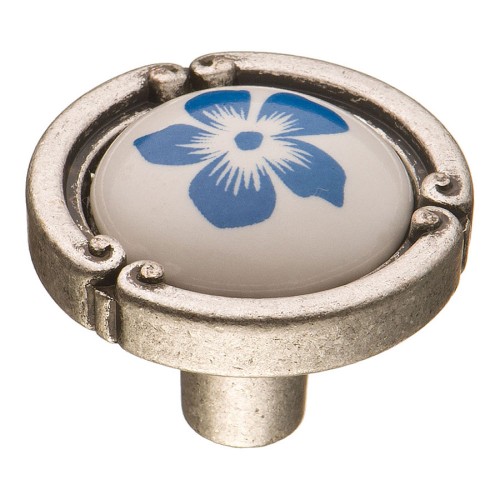 Ручка фарфор кнопка круглая 15.090.35.PO24W.16 античное серебро / белая керамика с рисунком 35 мм