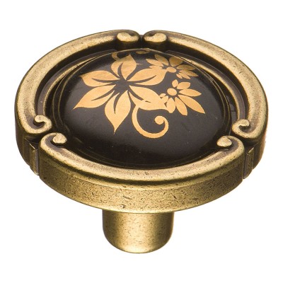 Ручка фарфор кнопка круглая 15.090.35.PO25B.12 античная бронза / черная керамика с рисунком 35 мм