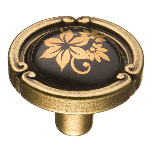 Ручка фарфор кнопка круглая 15.090.35.PO25B.12 античная бронза / черная керамика с рисунком 35 мм