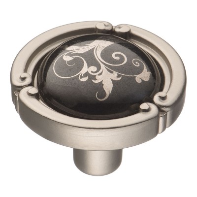 Ручка фарфор кнопка круглая 15.090.35.PO26B.06 никель / черная керамика с рисунком диаметр 35 мм 