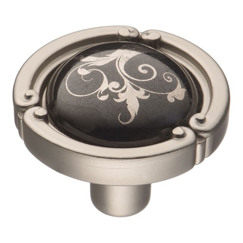 Ручка фарфор кнопка круглая 15.090.35.PO26B.06 никель / черная керамика с рисунком диаметр 35 мм 