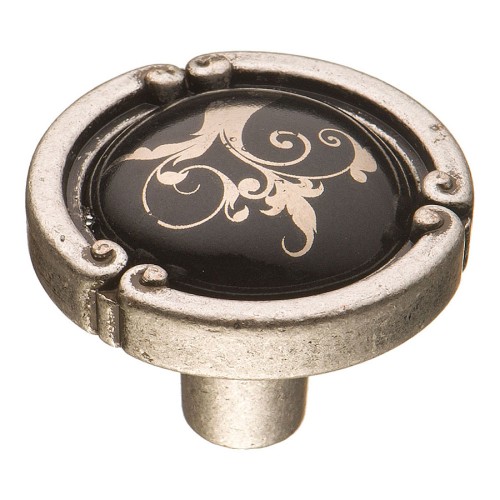 Ручка фарфор кнопка круглая 15.090.35.PO26B.16 античное серебро / черная керамика с рисунком 35 мм 