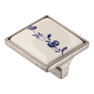 Ручка кнопка 15.326.32.PO01.16 цвет античное серебро, белая керамика с рисунком ширина 45 мм