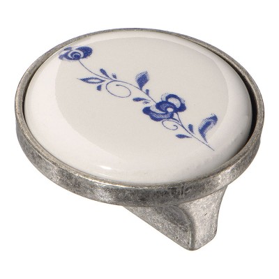 Ручка фарфор кнопка круглая 15.348.32.PO01.16 античное серебро / белая керамика с рисунком 50 мм 