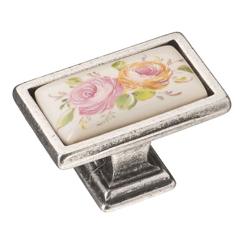 Ручка кнопка 15.361.00.PO11.16 цвет античное серебро, белая керамика с рисунком длина 39 мм 