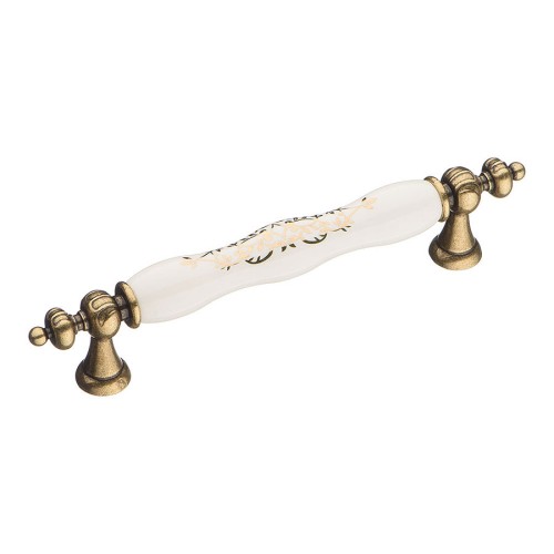 Ручка скоба 1670-40-128-243 античная бронза, белая керамика с орнаментом длина 176 мм, крепление 128 мм