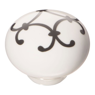 Ручка кнопка шар 3005-385 белая керамика, черный орнамент диаметр 32 мм