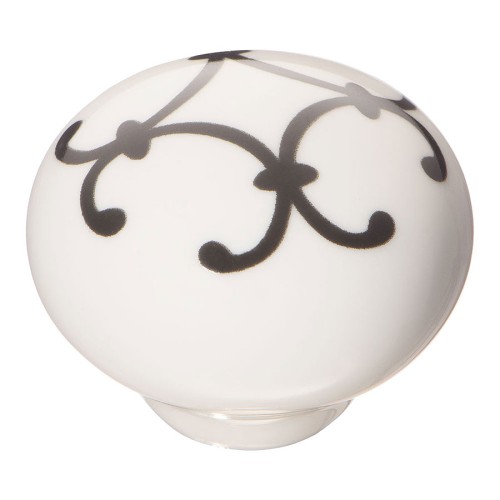 Ручка кнопка шар 3005-385 белая керамика, черный орнамент диаметр 32 мм