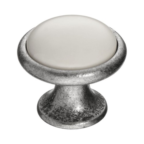 Ручка фарфор кнопка круглая 3008-80-000 цвет старое серебро, белая керамика диаметр 35 мм