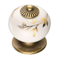 Ручка кнопка шар 3020-40-178 цвет античная бронза, белая керамика с орнаментом диаметр 33 мм