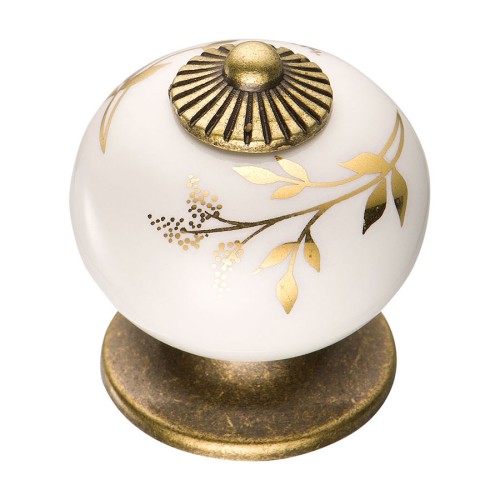 Ручка кнопка шар 3020-40-178 цвет античная бронза, белая керамика с орнаментом диаметр 33 мм