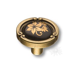 Ручка фарфор кнопка круглая 15.090.35.PO25B.12 античная бронза / черная керамика с рисунком 35 мм