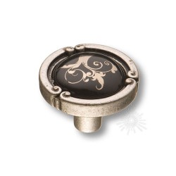 Ручка фарфор кнопка круглая 15.090.35.PO26B.16 античное серебро / черная керамика с рисунком 35 мм 