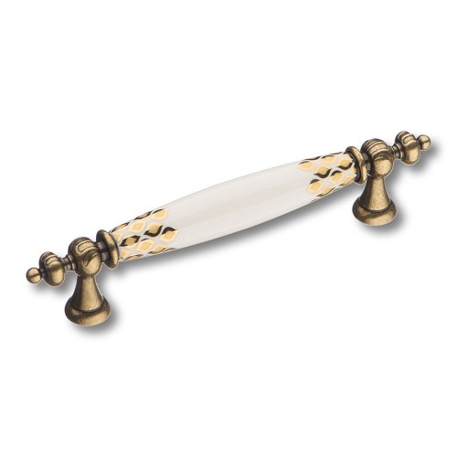 Ручка скоба 1980-40-128-456 античная бронза / белая керамика с орнаментом длина 175 мм, крепление 128 мм 