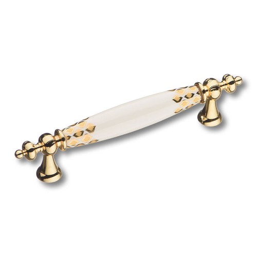 Ручка скоба 1980-60-128-456 глянцевое золото / белая керамика с орнаментом длина 175 мм, крепление 128 мм