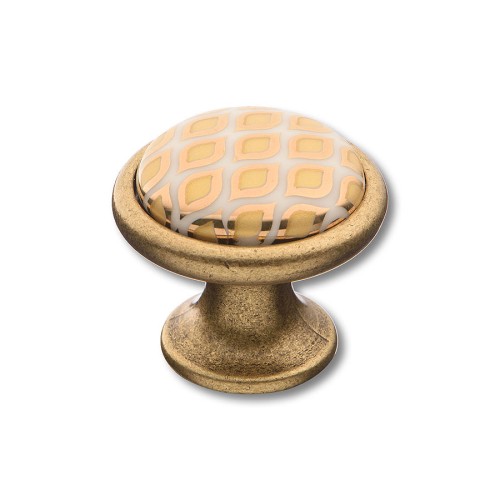 Ручка фарфор кнопка круглая 3008-40-000-456 античная бронза / белая керамика с орнаментом диаметр 35 мм