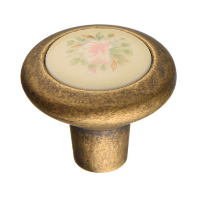 Ручка кнопка 9852-831 цвет старая бронза, керамика с орнаментом диаметр 28 мм