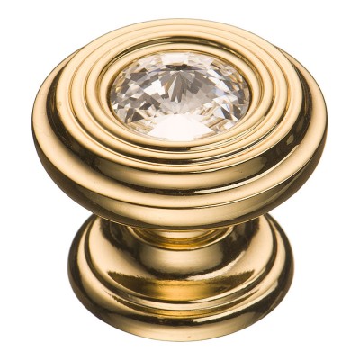 Ручка кнопка круглая 9952-100 цвет глянцевое золото кристалл Сваровски диаметр 30 мм